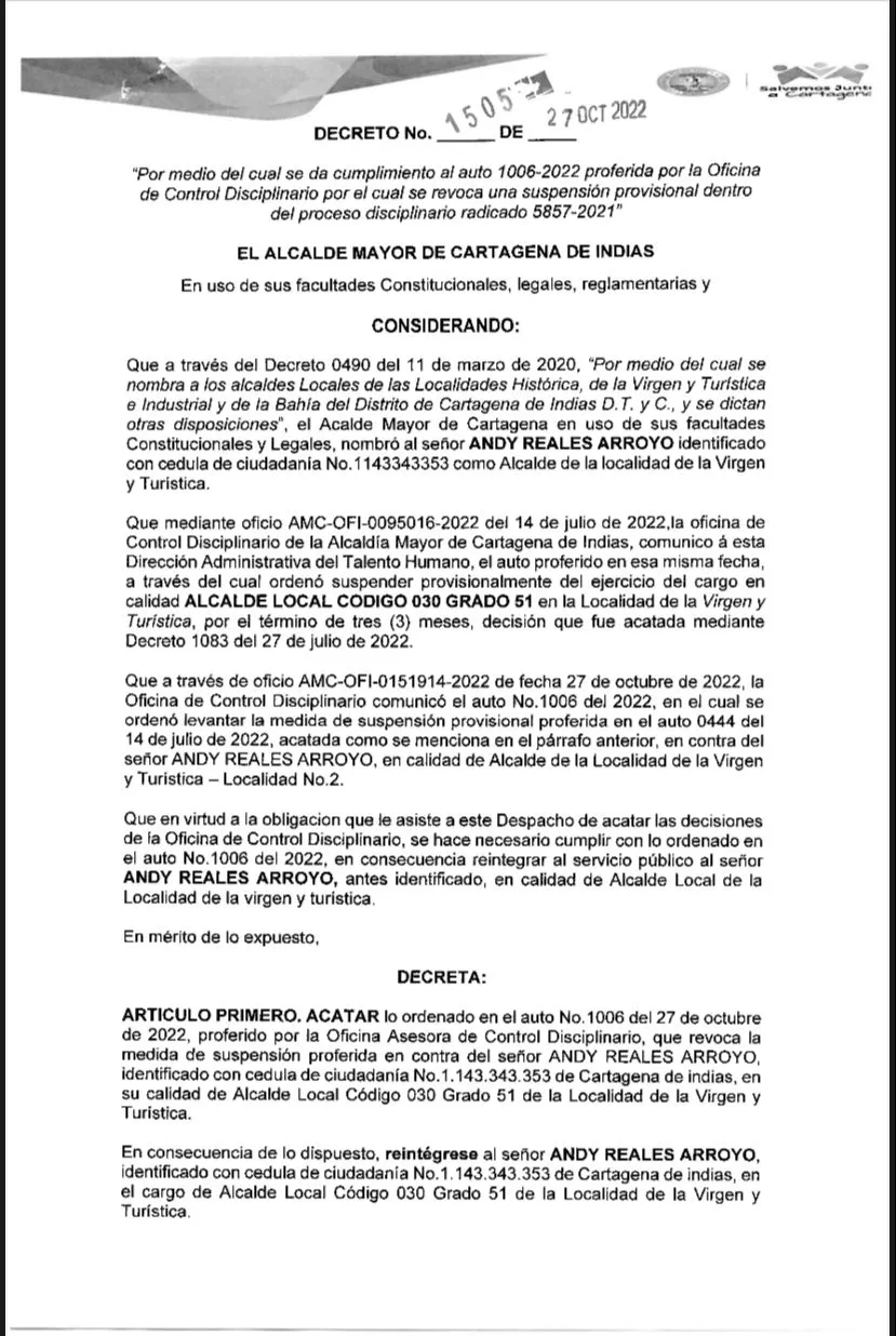 Esta medida de suspensión provisional será objeto de consulta ante el señor Alcalde de Cartagena