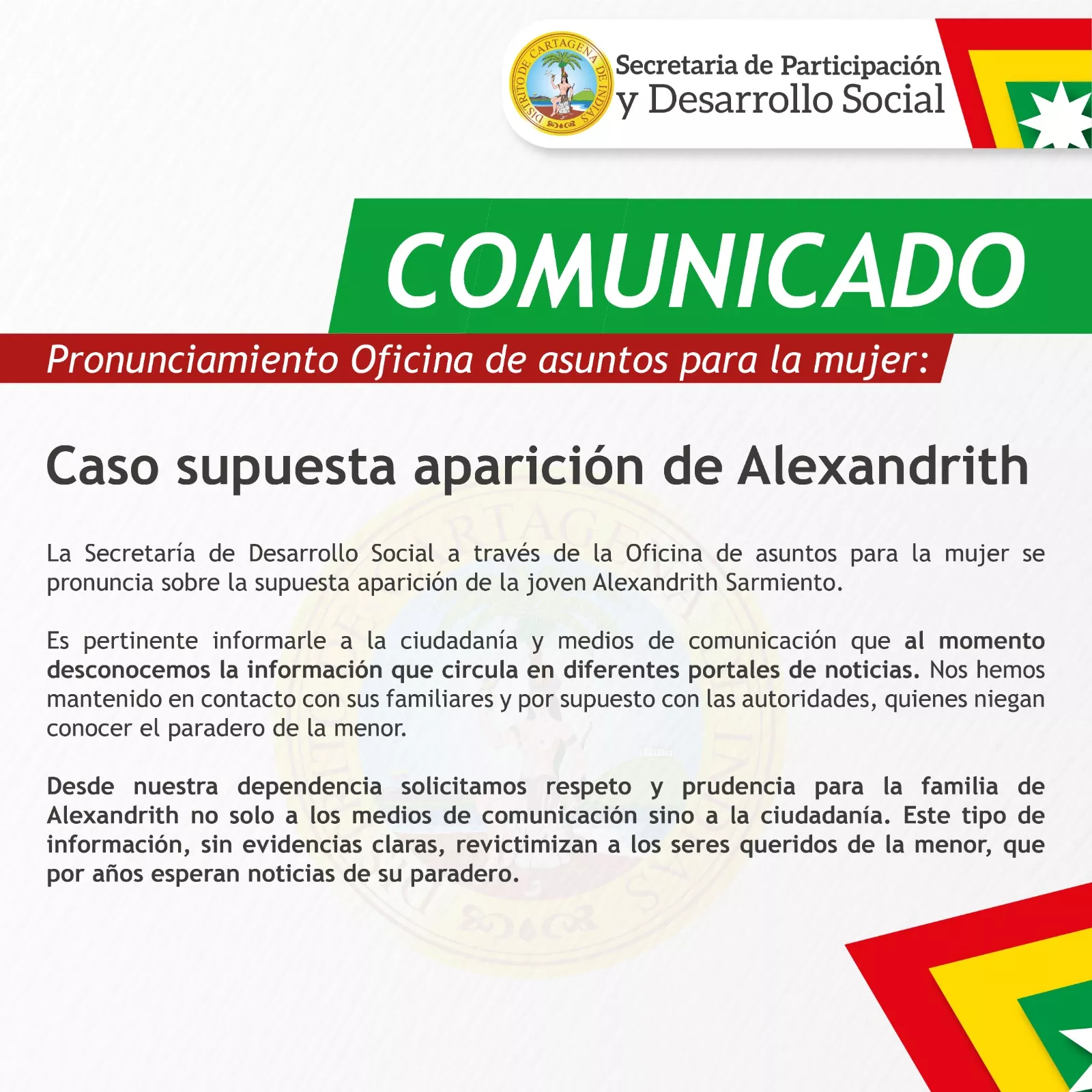 Pronunciamiento Oficina de asuntos para la mujer caso supuesta aparición de Alexandrith