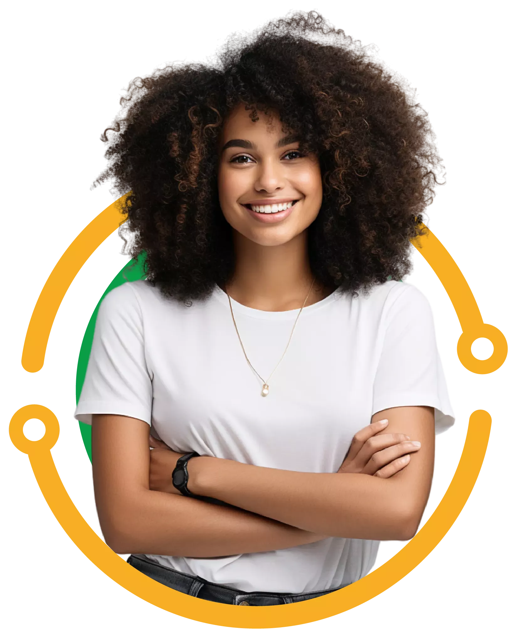 Imagen de un chica en un círculo dorado